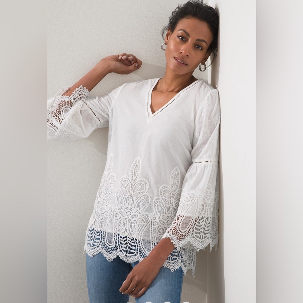 NWT Chico's Embroidered Lace Cutout Top white cotton blouse size3 vneckpullover